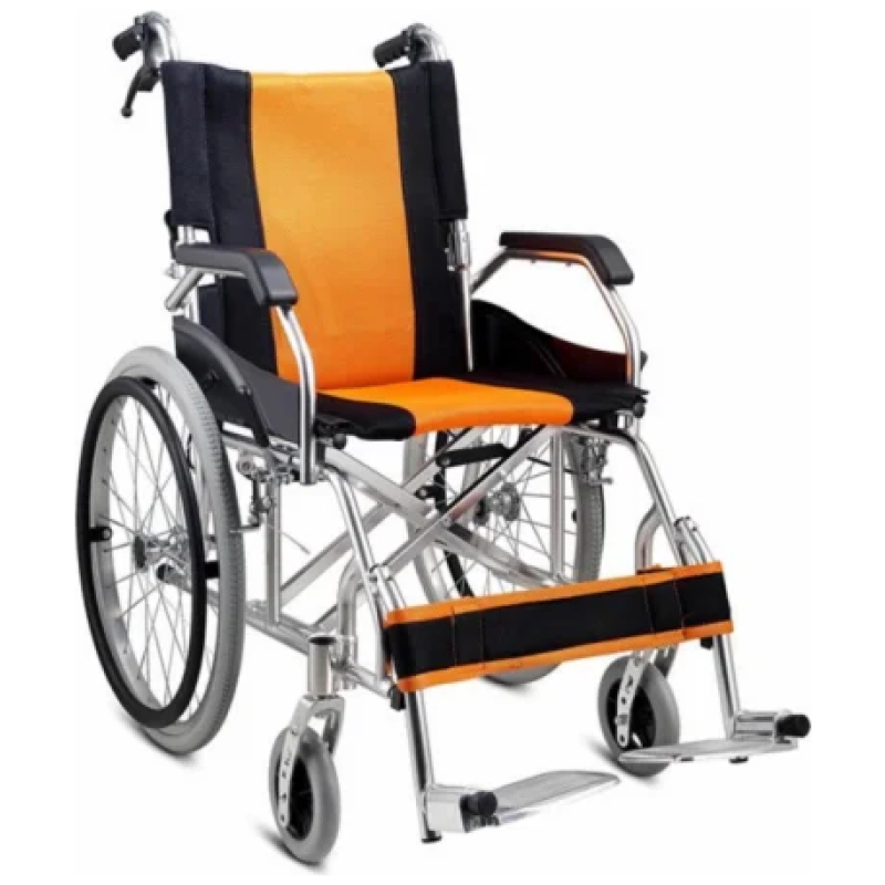 Yellow Lightweight Wheelchair with Foldable Backrest and Attendant Handbrakes