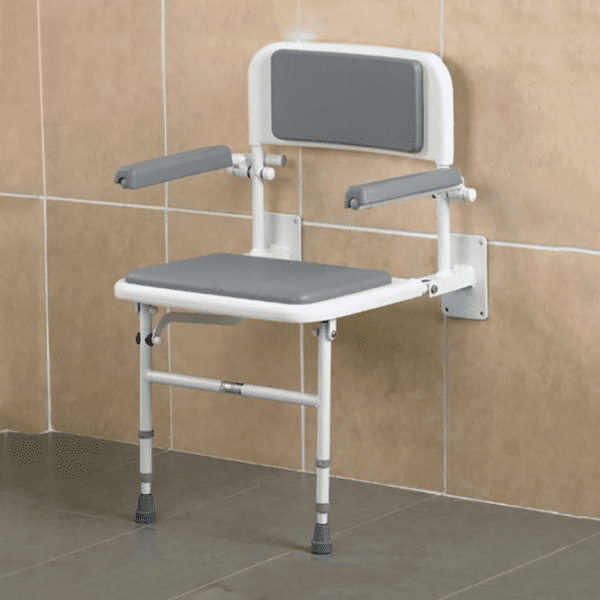 Person Sitting on Wall Mounted and Foldable Shower Chair Rightside View Person Sitting on Wall Mounted and Foldable Shower Chair Rightside View