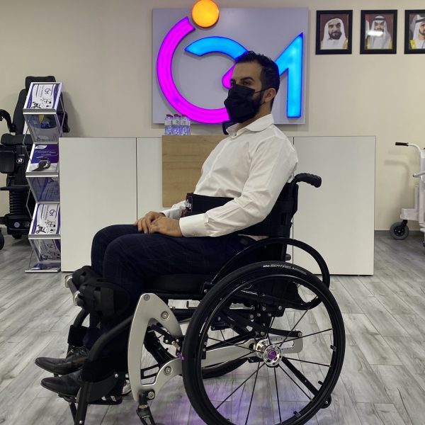 Person Completly Sitting On Lightweight Manual Sport Standing Wheelchair Person Completly Sitting On Lightweight Manual Sport Standing Wheelchair