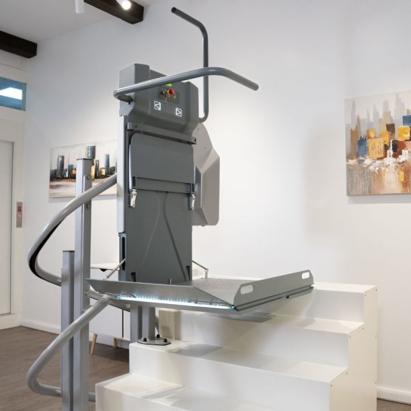 Opened SLIM Inclined Platform Lift for Stairs with Curves Near Staircase