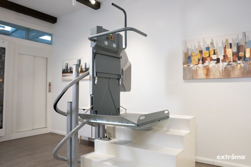 Opened SLIM Inclined Platform Lift for Stairs with Curves Near Staircase