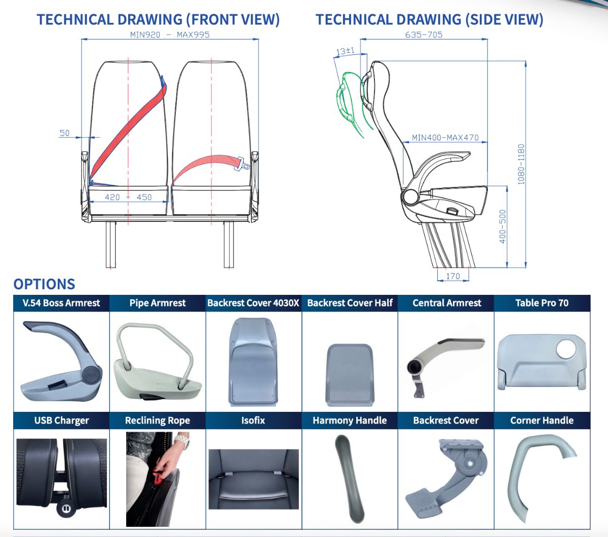 Technical Drawing of SEGE Minibus Passenger Seat 4030X Backview