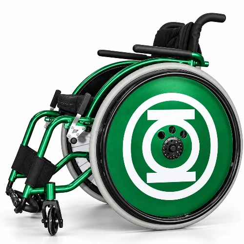 Wheelchair Wheel Covers & Spoke Guards Green wheelchair with a Green Lantern spoke guard design