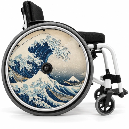 Wheelchair Wheel Covers & Spoke Guards Wheelchair spoke guard featuring Hokusai's Great Wave design